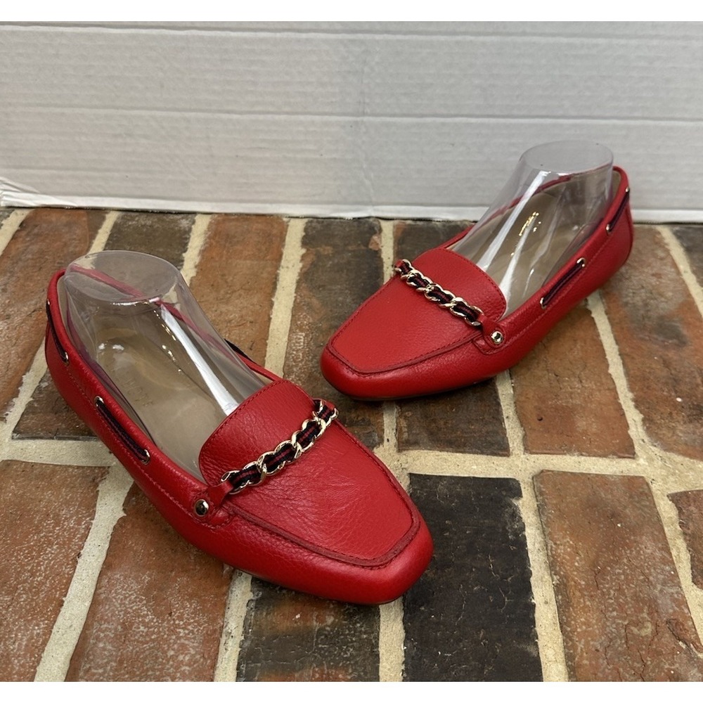 Talbots Red Leather Driving Moccasin Ribbon Chain Detail Loafer Shoes Women 9.5